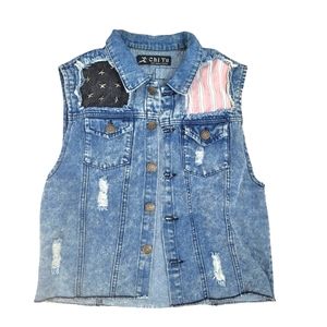 Distressed denim button down vest with patches and studs